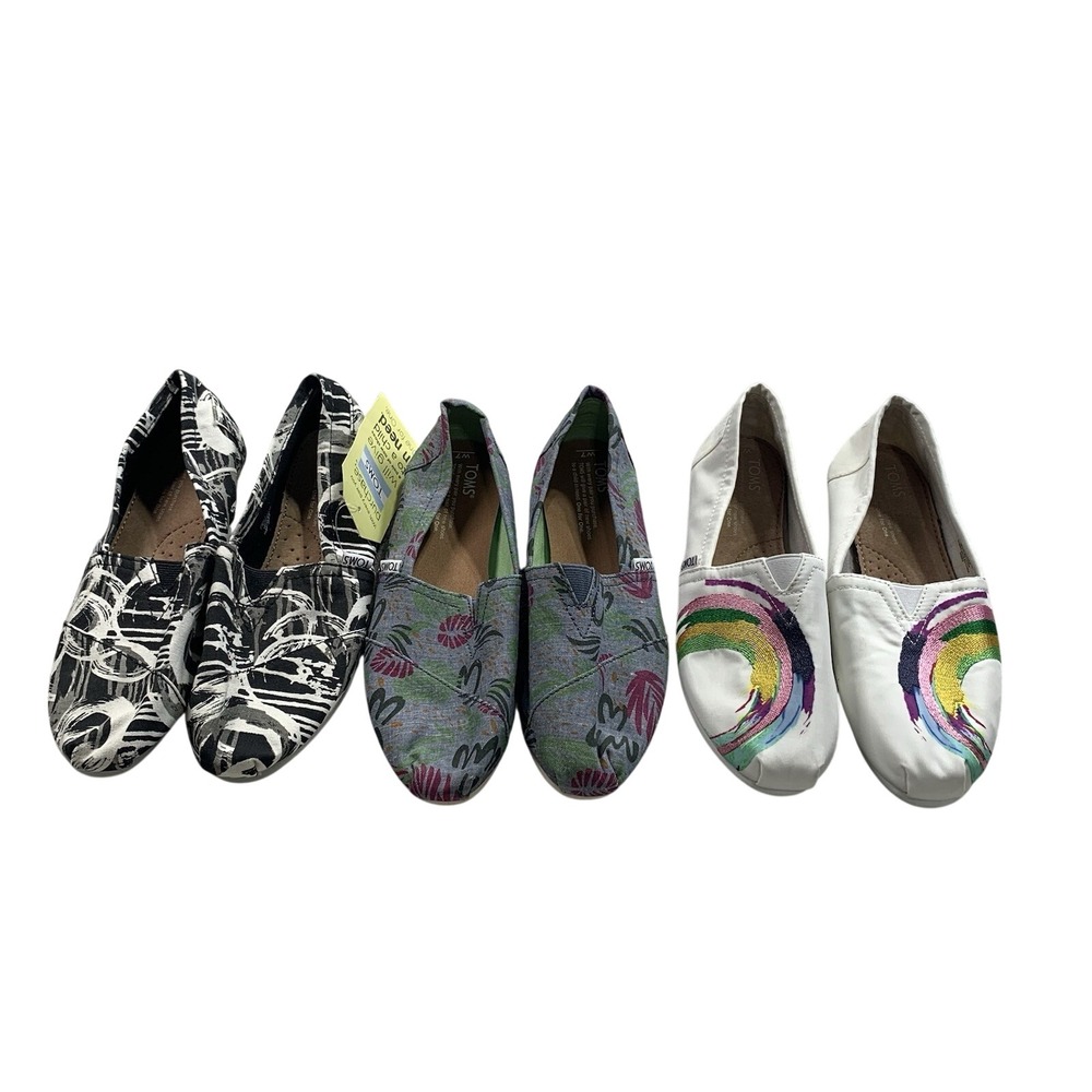 TOMS Women's 7 Slip On Shoes Lot of 3 Unworn Prints Canvas Flats Bundle